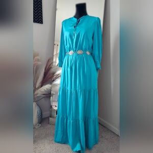 Skies Are Blue Teal Tiered Maxi Dress Women’s ___ Boho Flowy (Belt Not Included)
